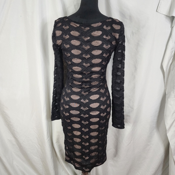 BCBGMaxazria Size Small Black Mesh Knit Lace Tanya Bodycon Dress Tan Lining - Picture 4 of 11